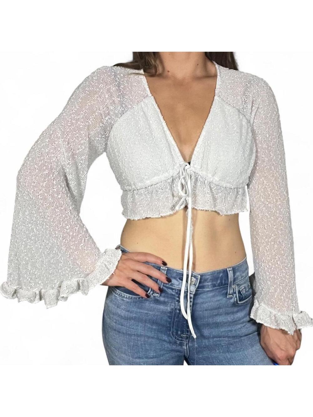 Urban Outfitters White Tie Front Blouse with Wide Sleeves Size XS